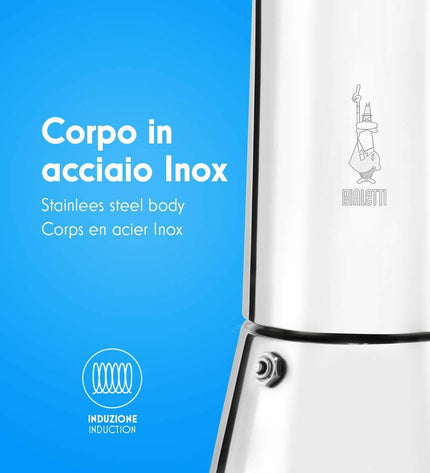 Silver Bialetti New Venus Italian coffee pot made of stainless steel, ideal for brewing espresso at home.
