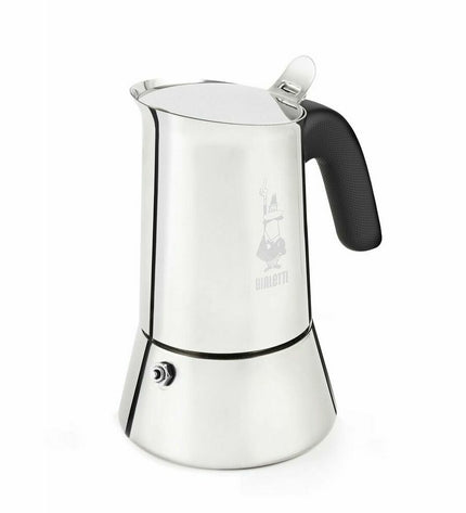 Bialetti New Venus stainless steel Italian coffee pot for brewing espresso in a sleek silver metal design.