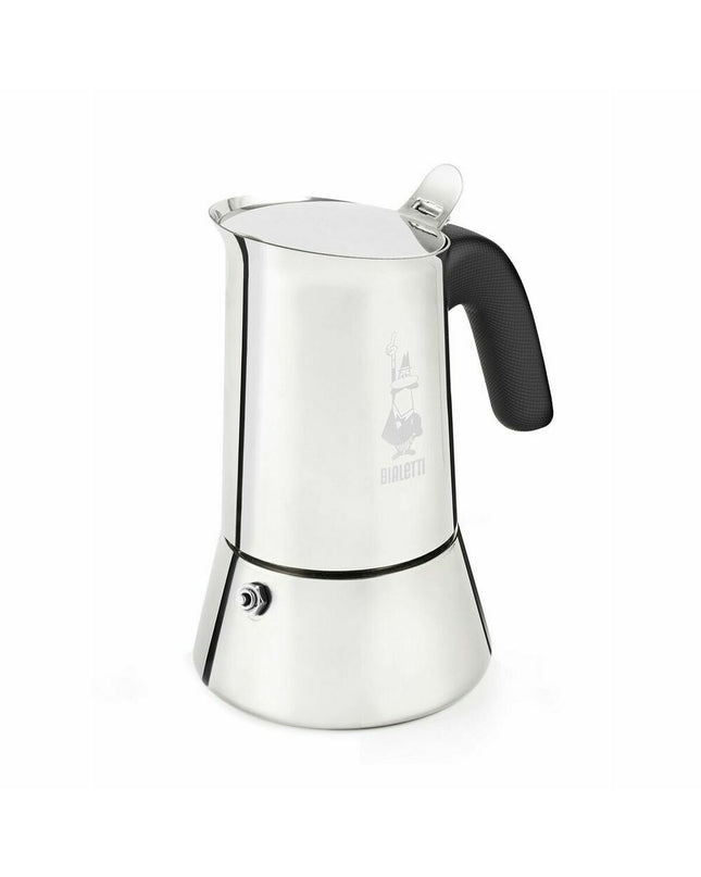 Bialetti New Venus stainless steel Italian coffee pot for brewing espresso in a sleek silver metal design.