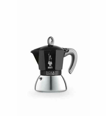 Black Bialetti Italian coffee pot made of aluminum for brewing espresso, perfect for home coffee and tea preparation.