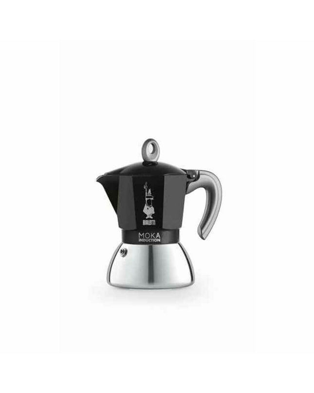 Black Bialetti Italian coffee pot made of aluminum for brewing espresso, perfect for home coffee and tea preparation.