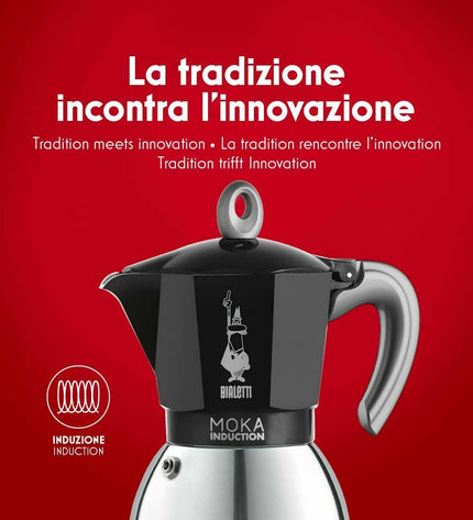 Black Bialetti Italian coffee pot in aluminum, designed for brewing traditional espresso on the stove.