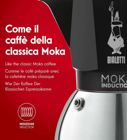 Black aluminium Bialetti Italian coffee pot for home and kitchen use, with a classic stovetop moka design.