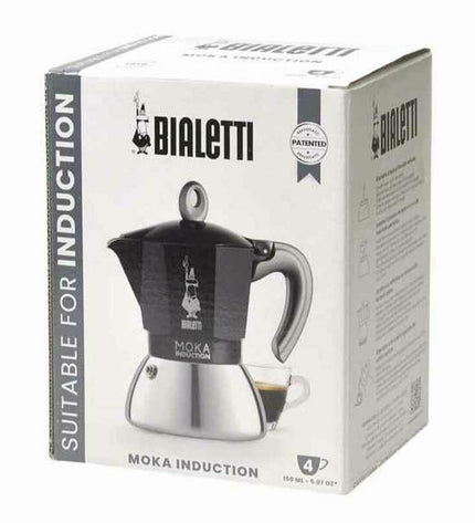 Black Bialetti Italian coffee pot made of aluminum, designed for brewing rich espresso on the stove.