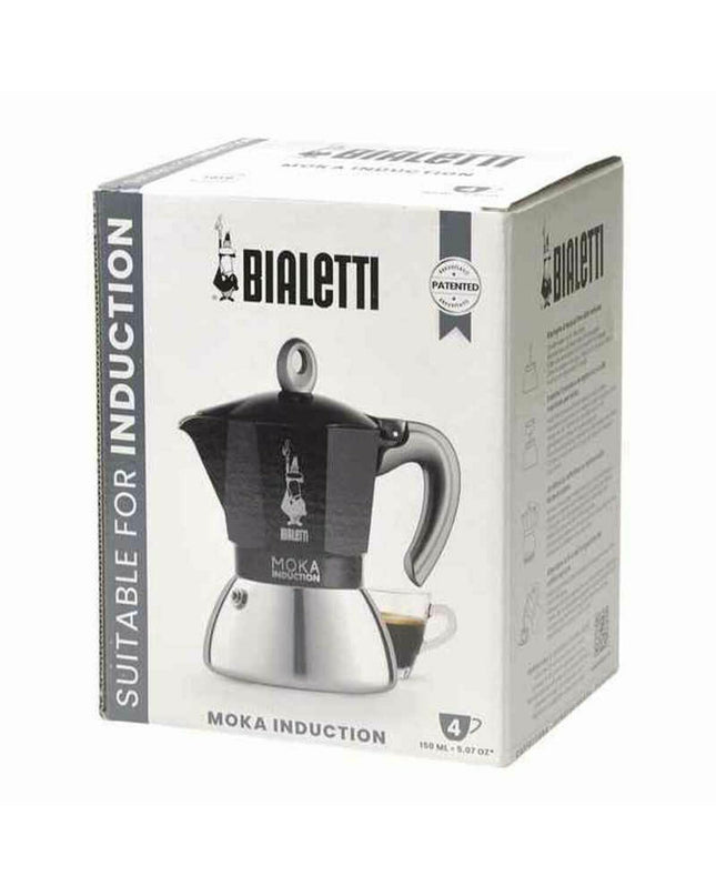 Black Bialetti Italian coffee pot made of aluminum, designed for brewing rich espresso on the stove.