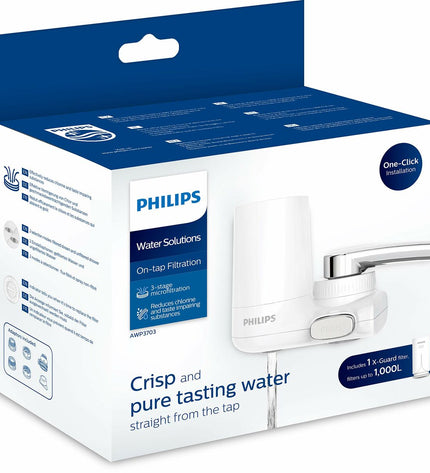 Philips AWP3703 faucet filter attached to kitchen tap, clear water flow, part of household kitchen filter system.