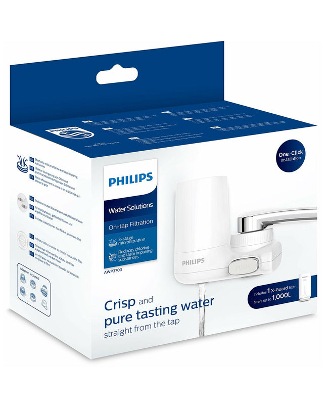 Philips AWP3703 faucet filter attached to kitchen tap, clear water flow, part of household kitchen filter system.