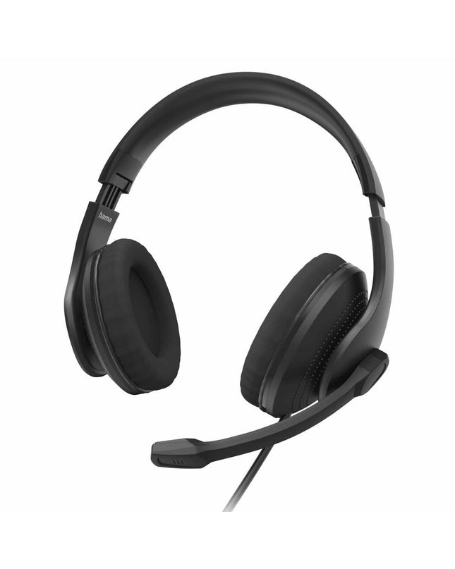 Black Hama gaming headset with microphone for plug & play consoles, featuring comfortable ear cups and adjustable headband.