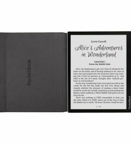 PocketBook 7-inch eBook reader in black with a sleek design, showing the front view of the electronic device.