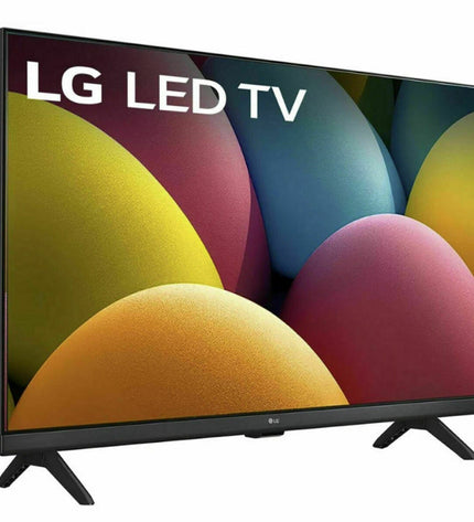 LG 32-inch Full HD LED Smart TV showing a vibrant home screen with colorful images and sleek black bezels.