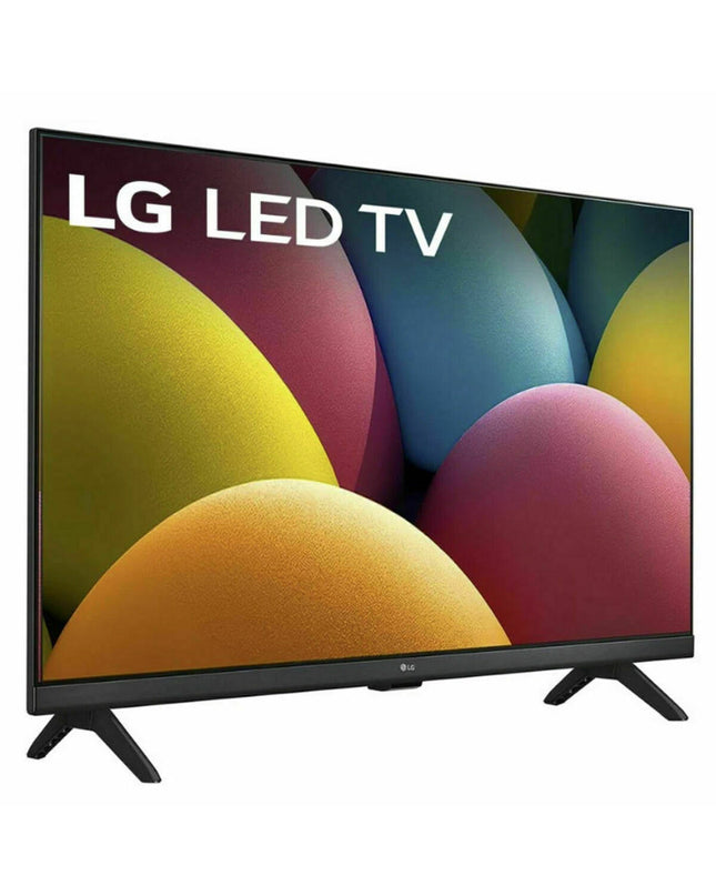 LG 32-inch Full HD LED Smart TV showing a vibrant home screen with colorful images and sleek black bezels.