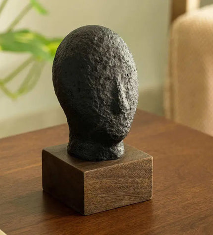 Handcrafted Calm Face Ecomix Sculpture - Matte Black Eco-Friendly Modern Home Decor Art | Serene Tabletop Ornament
