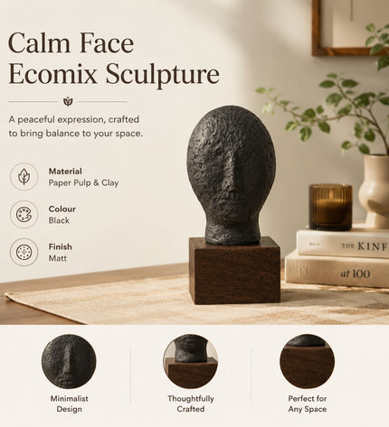 Handcrafted Calm Face Ecomix Sculpture - Matte Black Eco-Friendly Modern Home Decor Art | Serene Tabletop Ornament