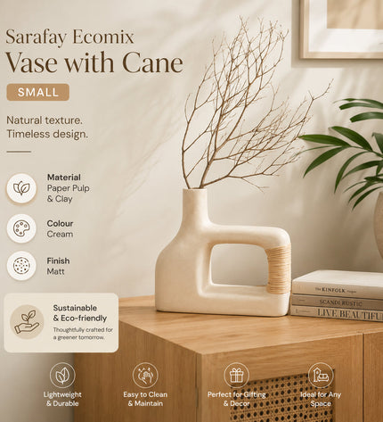Sarafay Small Handmade Ecomix & Cane Vase - Sustainable Decorative Eco-Friendly Table Desk Accent