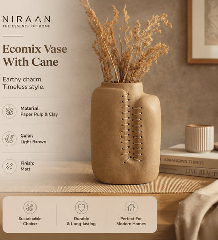 Niraan Handcrafted Ecomix Cane Vase | Sustainable Boho Modern Home Decor | Eco-Friendly Floral Accent Piece