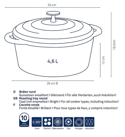 Warm Casserole Dish with Lid Round 4.6 liters