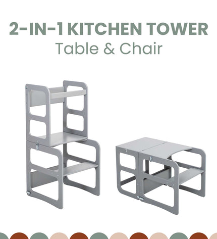 2-in-1 transformeerbare keukentoren - tafel- en stoelenset