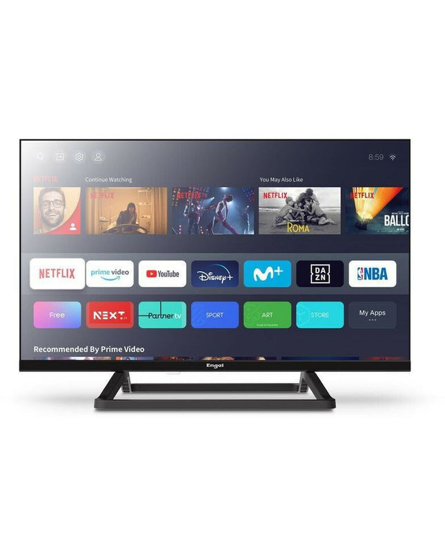 Engel LE2485SM 24-inch LED Smart TV with slim black frame, screen displaying colorful images, electronic TV and home cinema device.