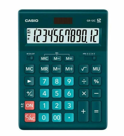 Casio GR-12C-DG black and green calculator with plastic casing, designed for office electronics and stationery use.