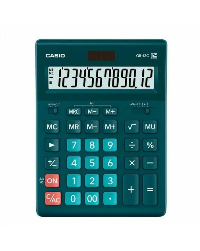 Casio GR-12C-DG black and green calculator with plastic casing, designed for office electronics and stationery use.