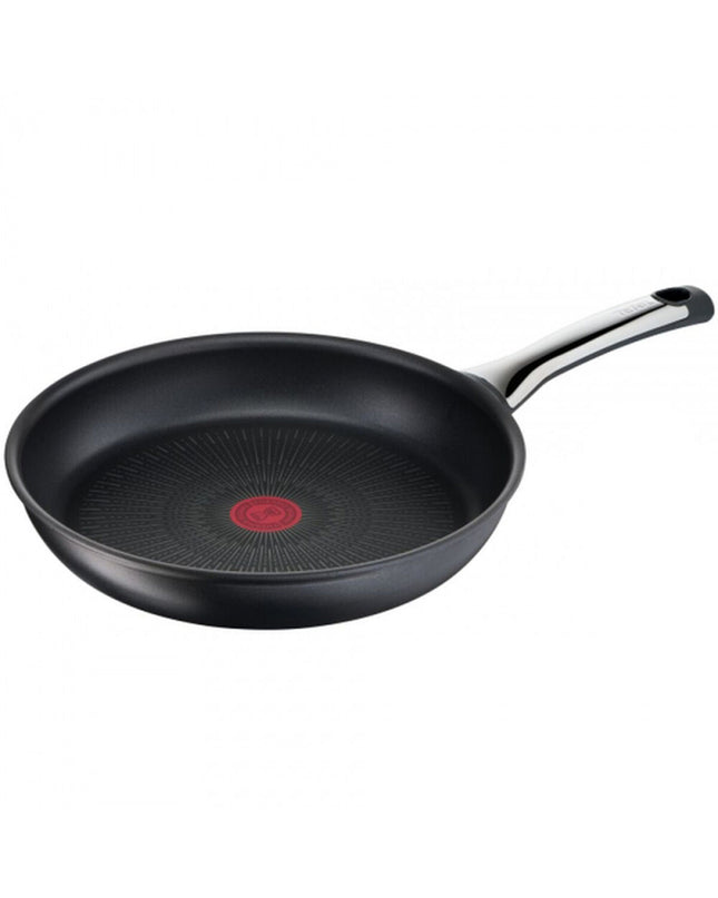 Black Tefal G2690432 24cm aluminum frying pan with steel handle, ideal for home cooking and kitchen use.