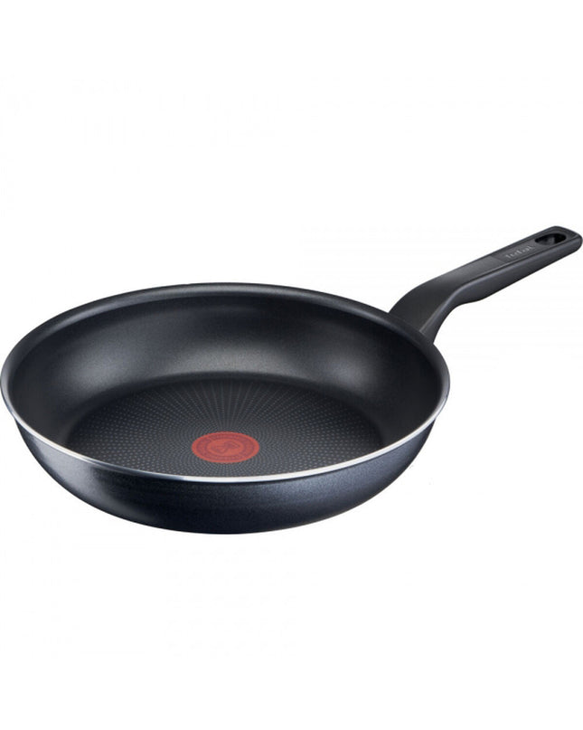 Black Tefal C38506 28cm stainless steel and aluminum frying pan, used for home cooking and kitchen preparation.