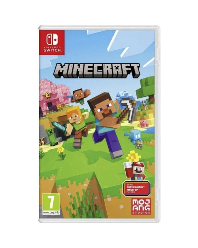 Nintendo Switch Minecraft video game cartridge in a clear plastic case, ready for playing on Nintendo gaming console.