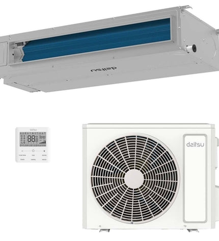 Daitsu portable air conditioner in a home setting, white unit with digital display, suitable for cooling and dehumidifying rooms