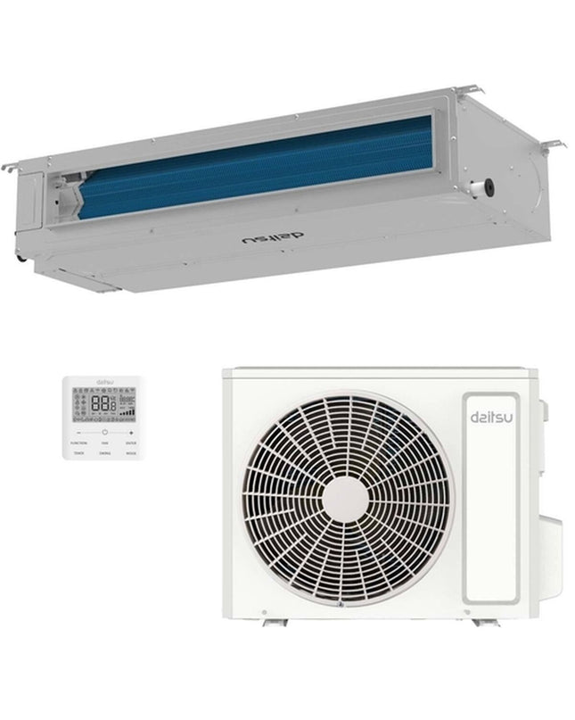 Daitsu portable air conditioner in a home setting, white unit with digital display, suitable for cooling and dehumidifying rooms