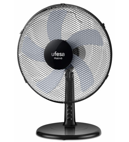 UFESA Malmo black and multicolour portable table fan with adjustable blades for home cooling.