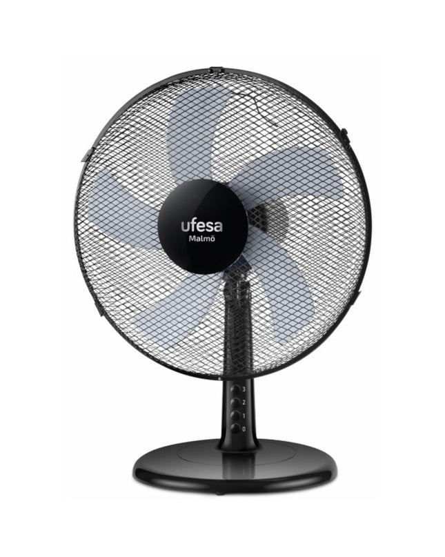 UFESA Malmo black and multicolour portable table fan with adjustable blades for home cooling.