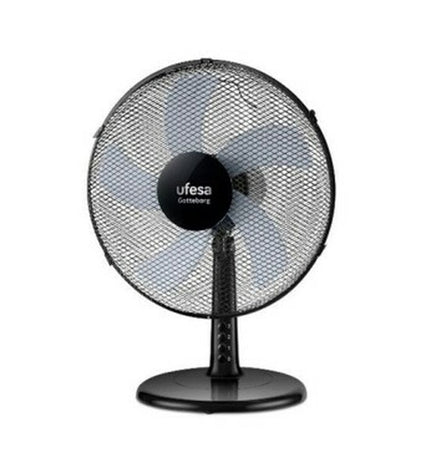 UFESA Goteborg portable air conditioner and table fan in black, compact design for home cooling and ventilation.