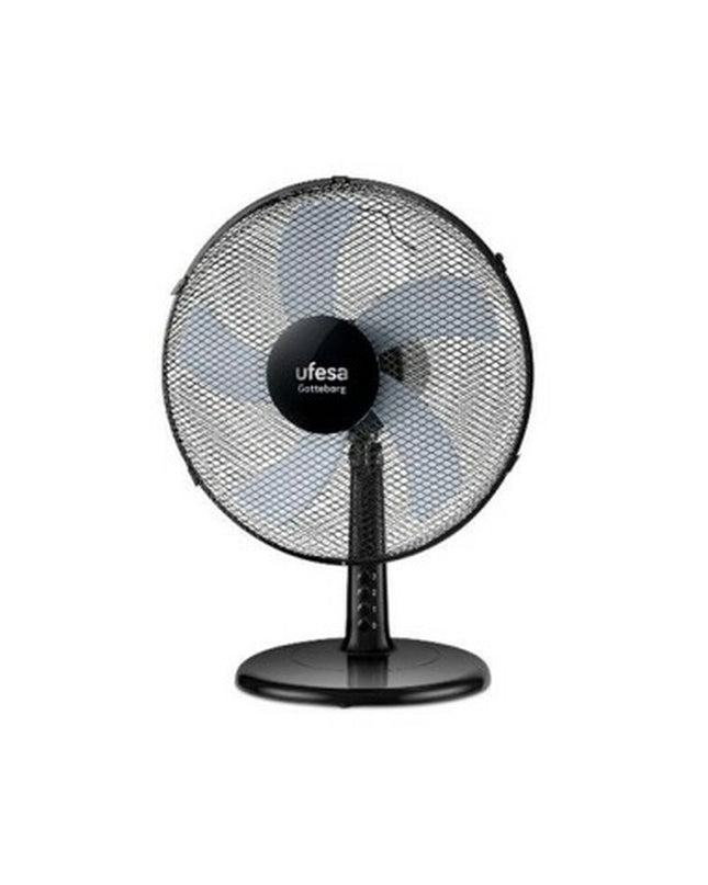 UFESA Goteborg portable air conditioner and table fan in black, compact design for home cooling and ventilation.