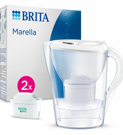 Brita water jug with filter for kitchen use, clear plastic container with removable lid and filter inside