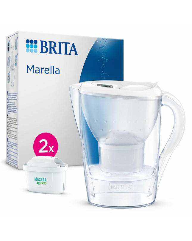 Brita water jug with filter for kitchen use, clear plastic container with removable lid and filter inside