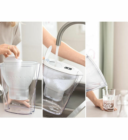 Brita water kettle with built-in filter for clean drinking water, placed on a kitchen countertop.