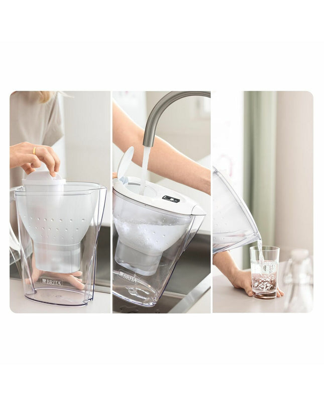 Brita water kettle with built-in filter for clean drinking water, placed on a kitchen countertop.