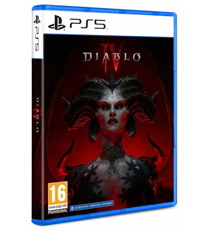 Sony PlayStation 5 gaming console with Diablo IV videogame case, showcasing a sleek black design and game cover artwork.