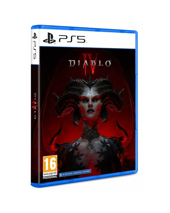 Sony PlayStation 5 gaming console with Diablo IV videogame case, showcasing a sleek black design and game cover artwork.