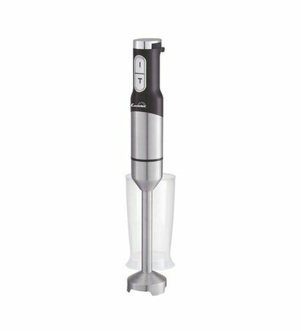 COMELEC BV1500 hand blender with stainless steel blending arm and control buttons, compact electric kitchen appliance for cooking.