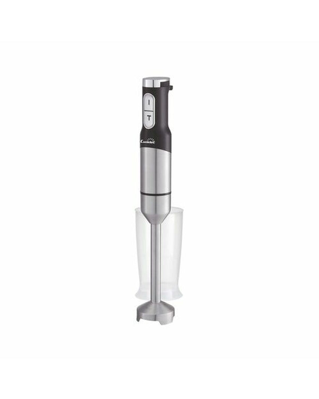 COMELEC BV1500 hand blender with stainless steel blending arm and control buttons, compact electric kitchen appliance for cooking.