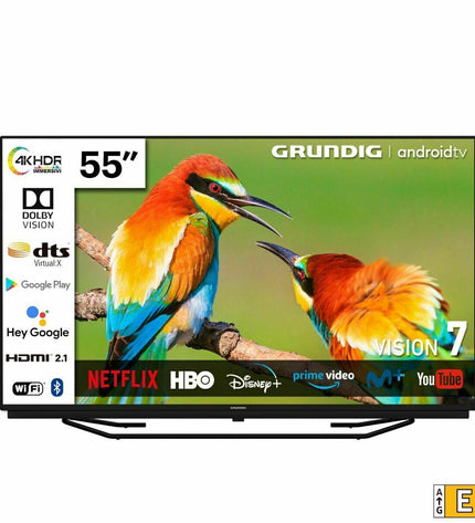 Grundig 55-inch Smart TV with sleek black bezels, screen displaying vibrant colors, modern design for home entertainment.