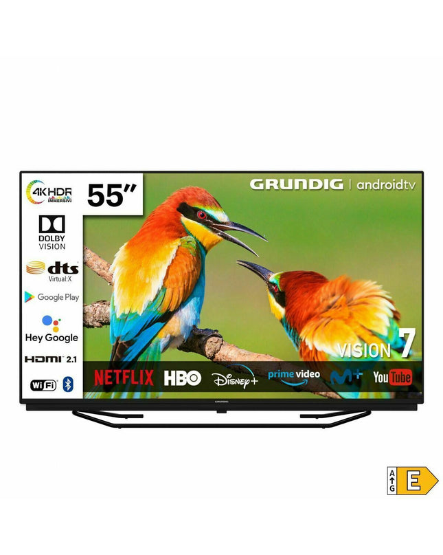 Grundig 55-inch Smart TV with sleek black bezels, screen displaying vibrant colors, modern design for home entertainment.
