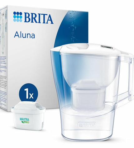 Brita Aluna water jug with 2.4L capacity and built-in filter, designed for household use in the kitchen.