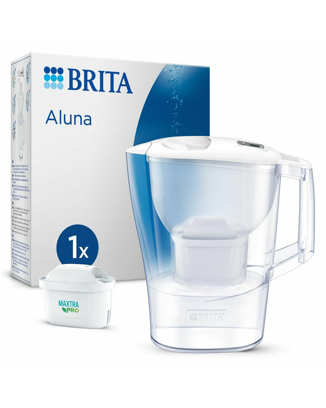 Brita Aluna water jug with 2.4L capacity and built-in filter, designed for household use in the kitchen.