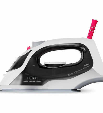 Solac PV2400 2400W steam iron with water tank and ergonomic handle, ideal for home ironing and fabric care.