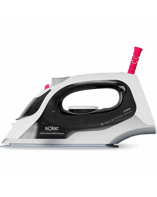 Solac PV2400 2400W steam iron with water tank and ergonomic handle, ideal for home ironing and fabric care.