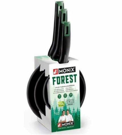 Monix Forest M501236 black aluminum cookware set with pots and pans for home cooking, kitchen utensils, and durable design