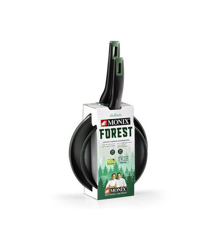 Black Monix Forest M501235 cookware set with aluminum pans, shown with handles, suitable for home cooking and kitchen use.