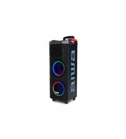 Aiwa KBTUS608MKII black 600W speakers with sleek design, shown from a front view, part of audio and hi-fi electronic equipment.